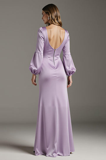 Light Purple Satin Sheath Long Formal Dress with Sleeves